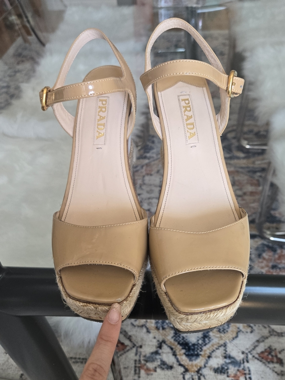 Prada Tan Beige Leather Espadrille Wedge Sandals Square Peep Toe Heels 40 - Picture 5 of 15